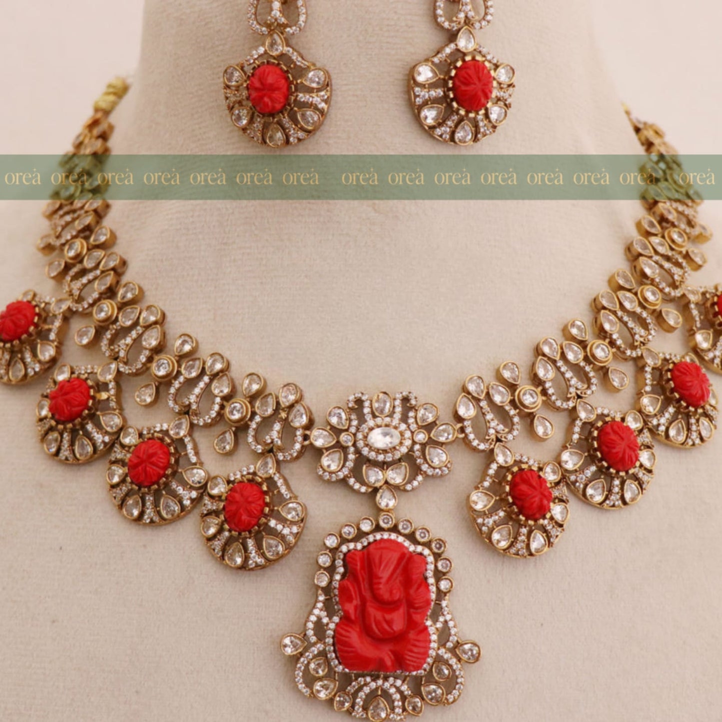 Antique Ganesha Pendant Necklace Set with Polki Stones