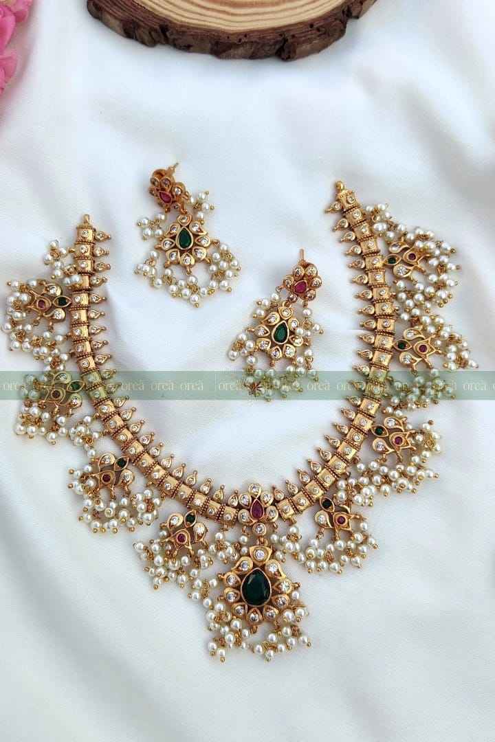 Green Stone Rice Pearl Guttapusalu Necklace With Earrings