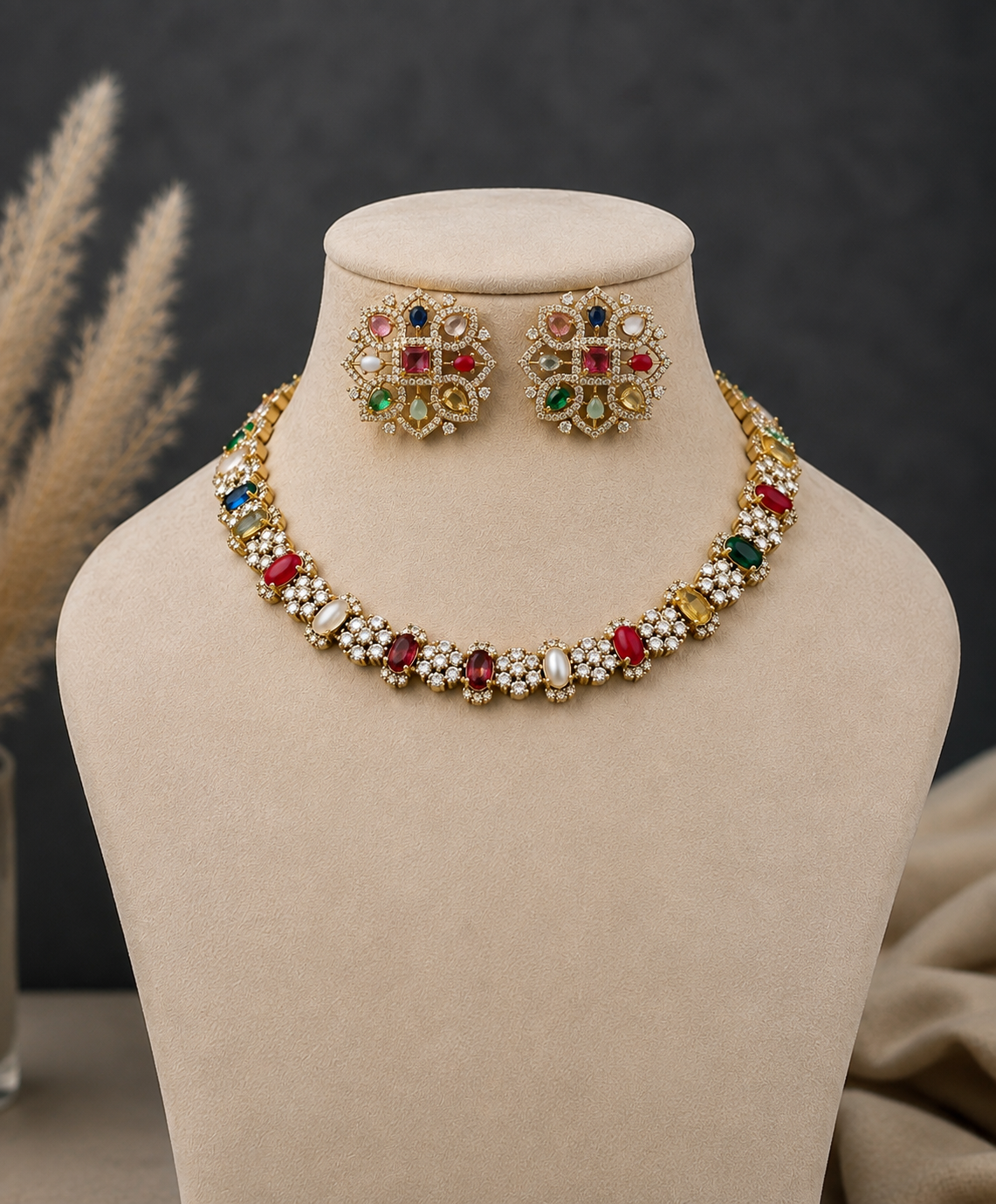 Multicolor Kundan Stone Necklace Set with Earrings for Weddings & Festive Wear