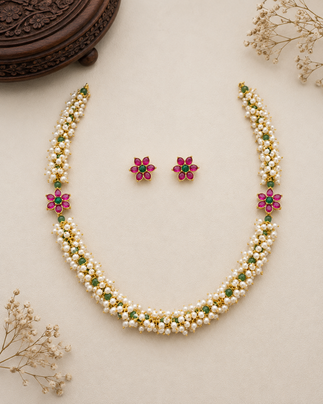 Floral Pearl Cluster Mid Haram with Green & Pink Stone Earrings