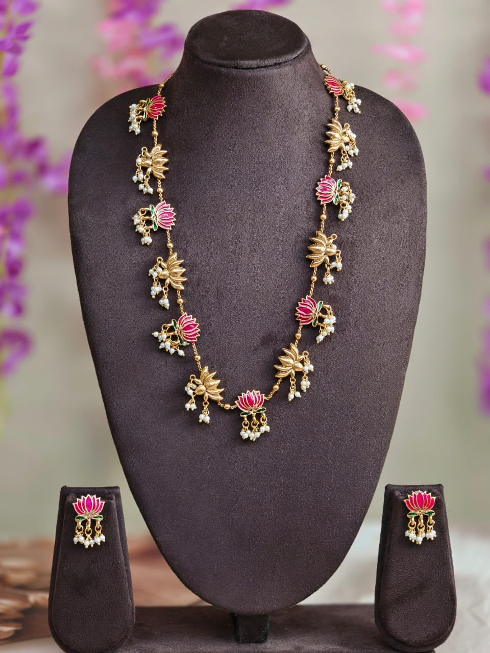 Pink Lotus x Gold Lotus With Pearl With Earrings Haram