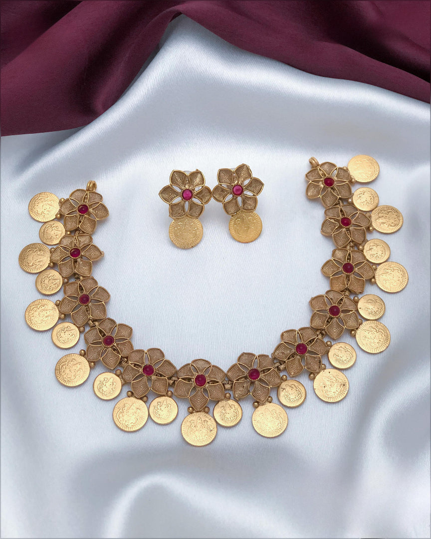 Floral Coin Necklace With Earring (Red)