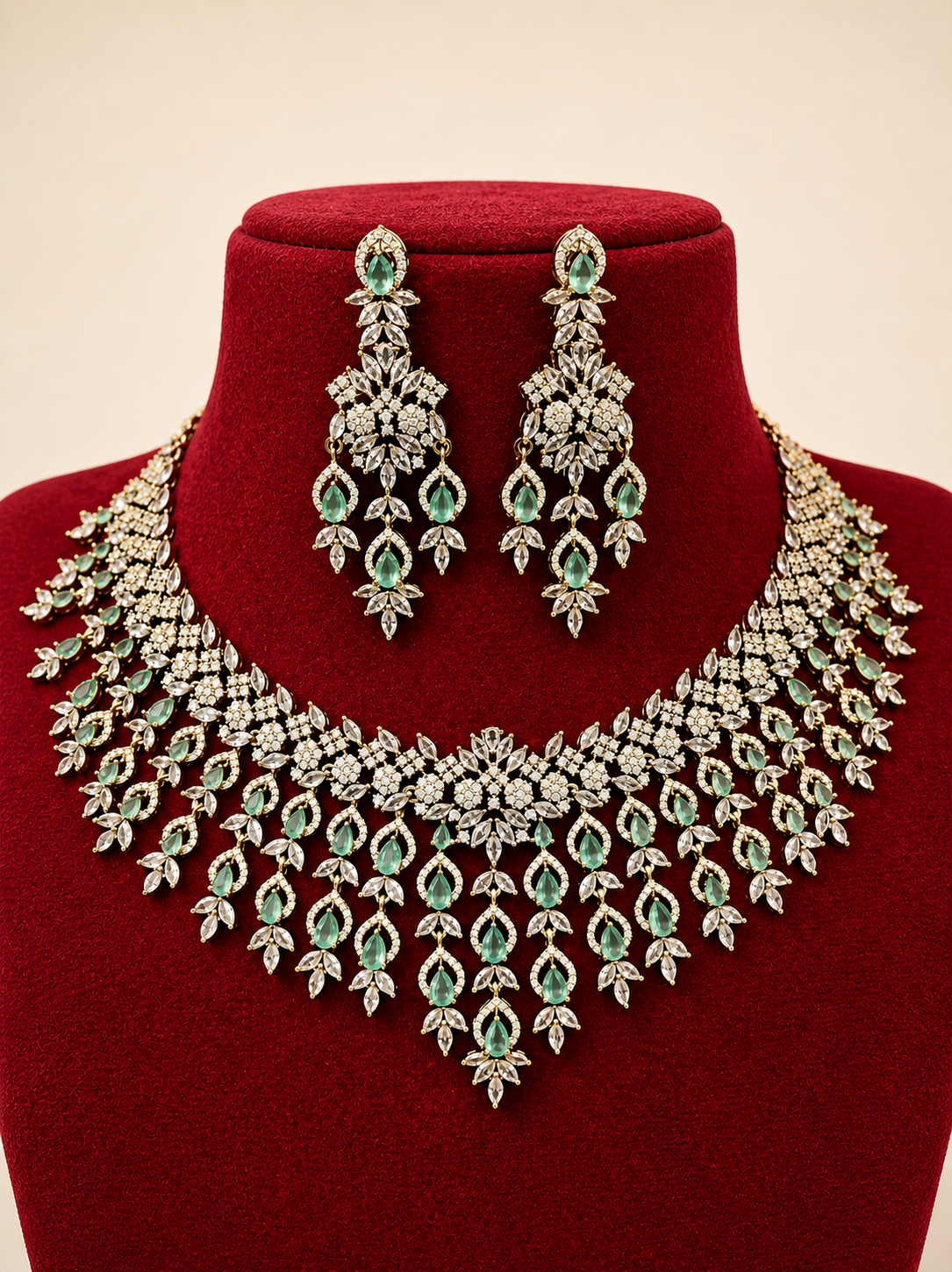 Cyan Blue Stone Bridal Necklace Set with Earrings | Premium AD Diamond Finish Wedding Jewellery | Luxury Statement Choker Set