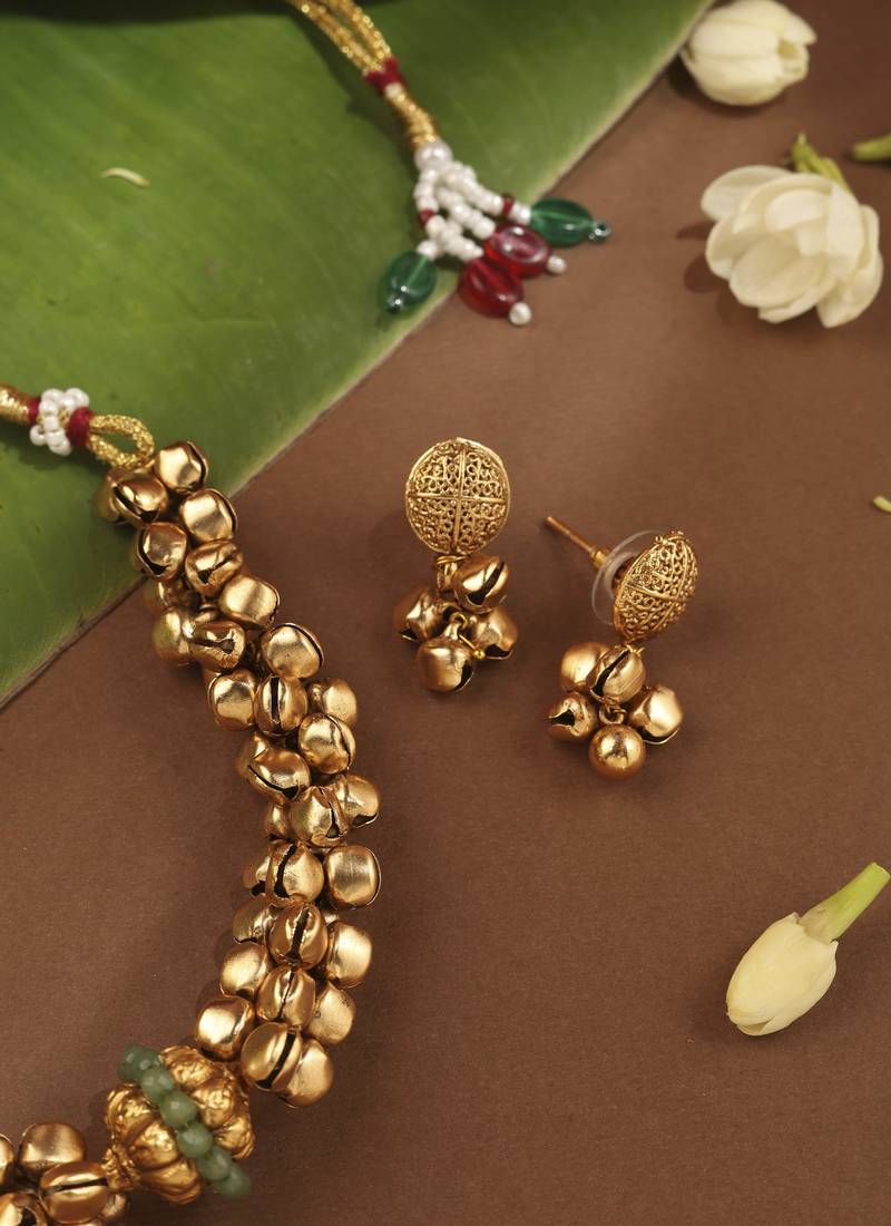 Ghungroo Necklace Set With Green Ball Pendant