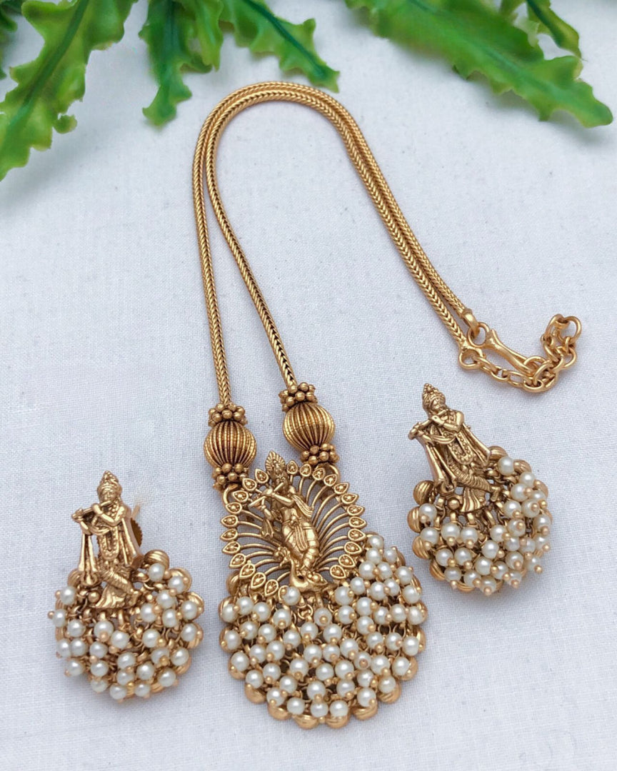 Lord Krishna Necklace And Earrings with Pearl