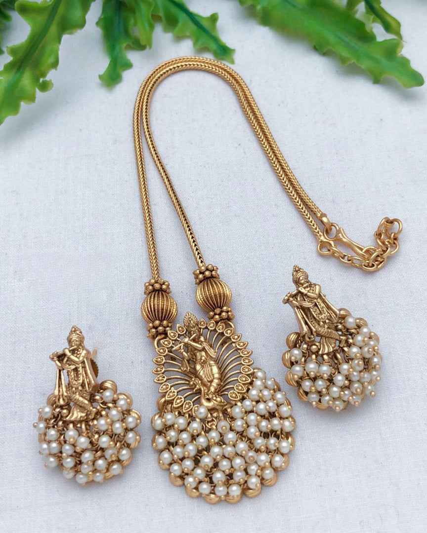 Lord Krishna Necklace And Earrings with Pearl