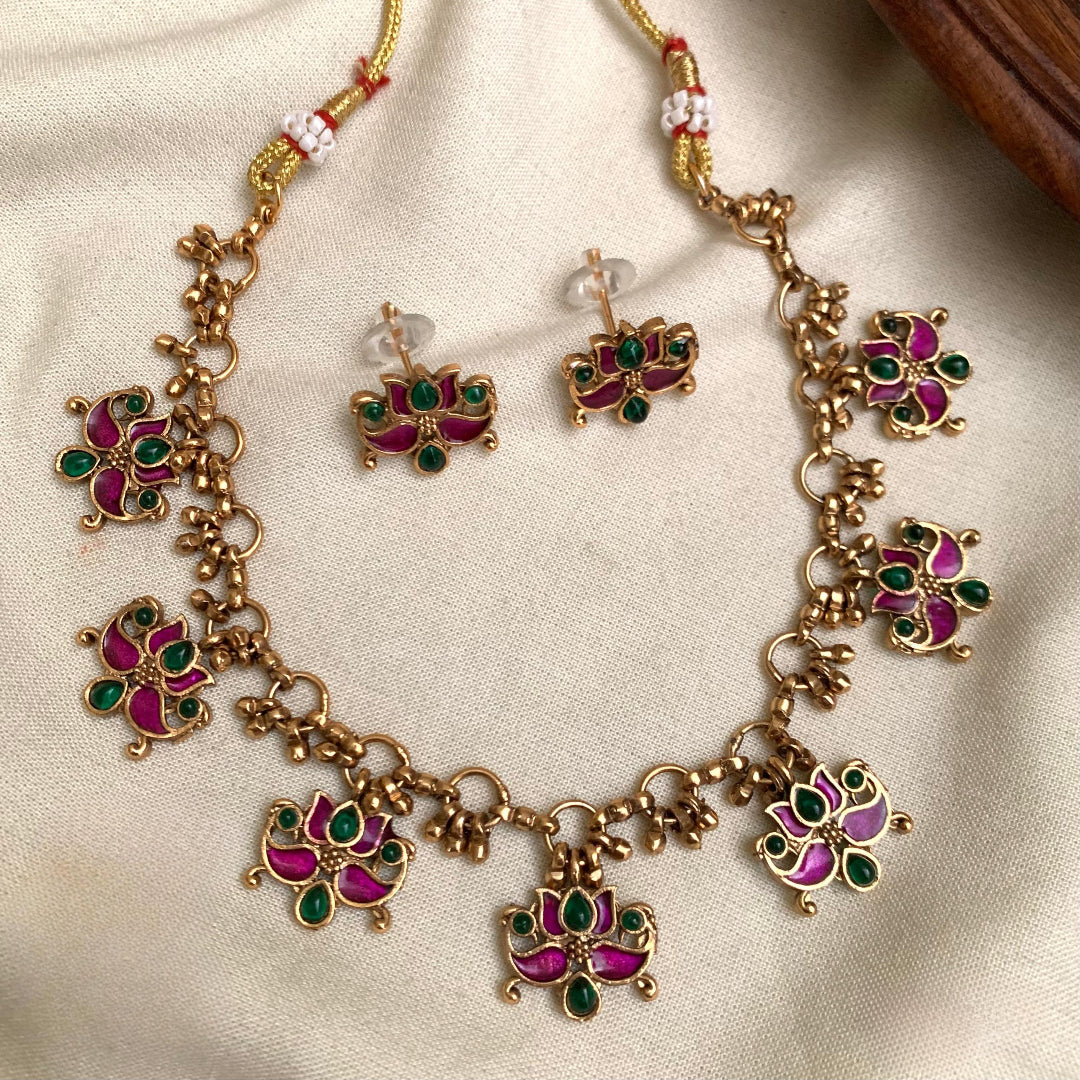 Premium Lotus Necklace With Earrings (Purple & Green)