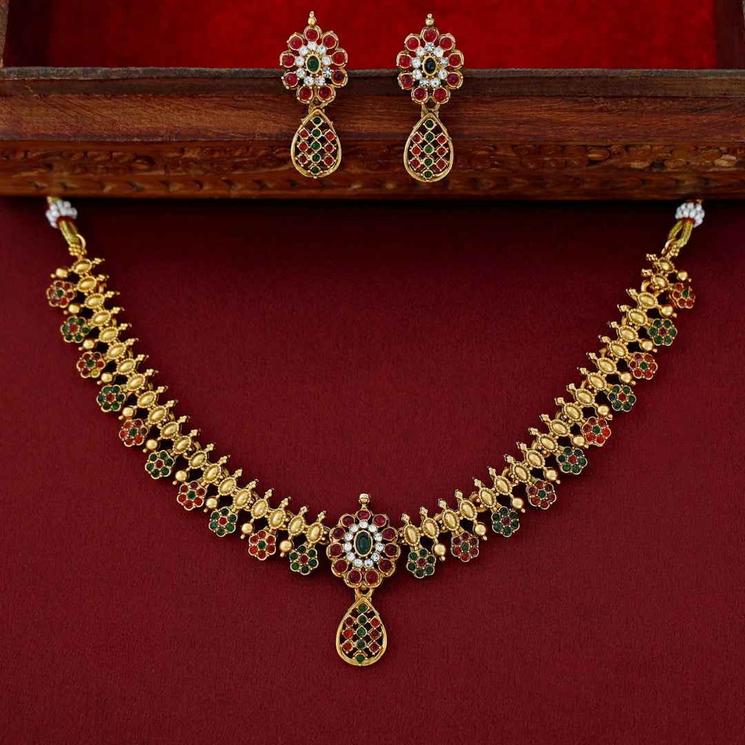 Adyashree Floral Multi Colour Kemp Short Neckpiece With Earring