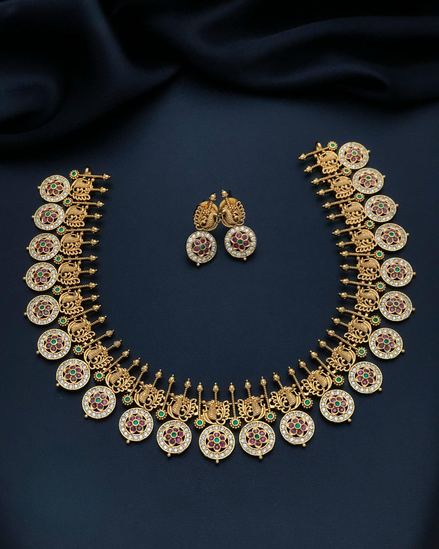 Premium Antique Temple Necklace with Multicolour Lakshmi Coins
