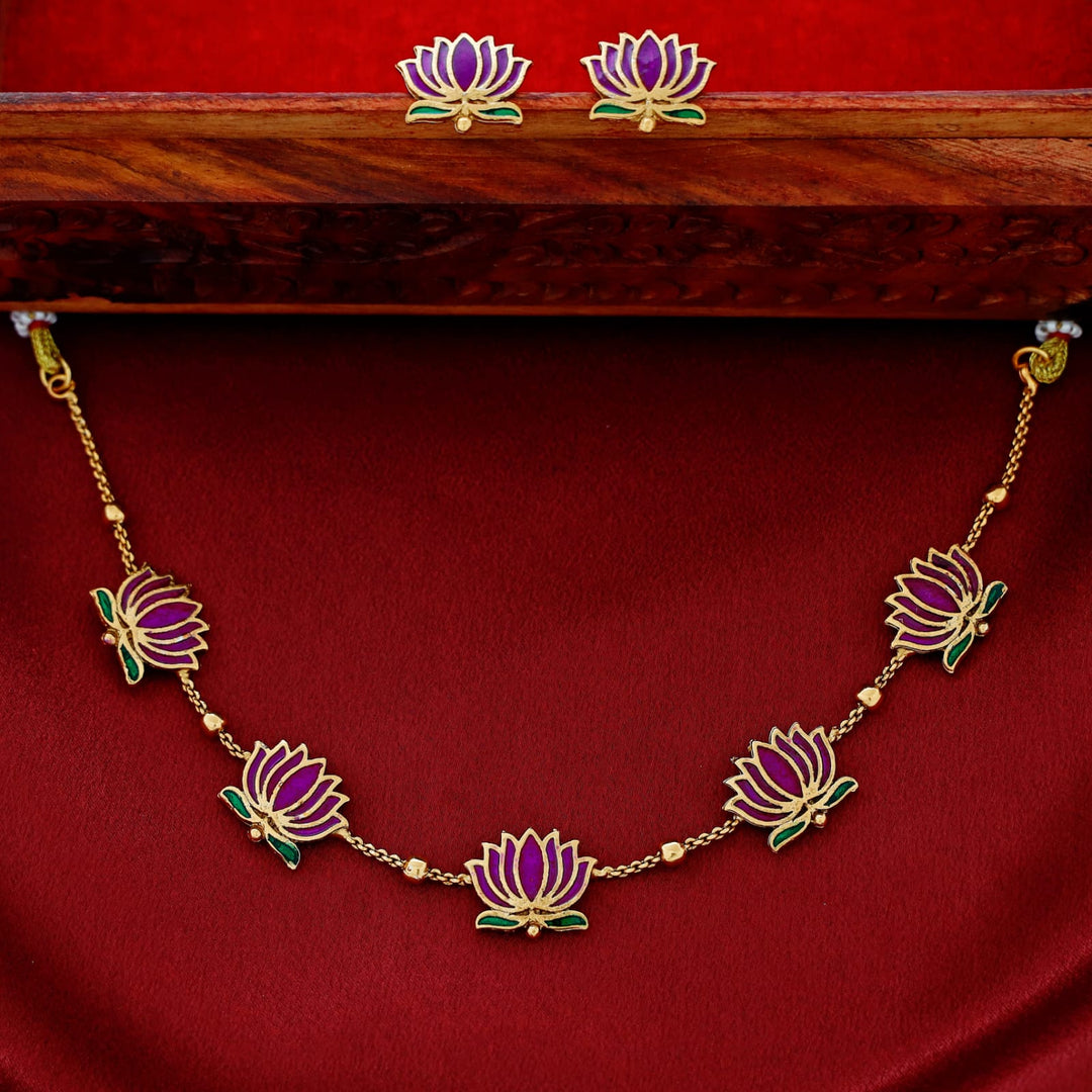 Premium Lotus Choker With Earrings (Purple)