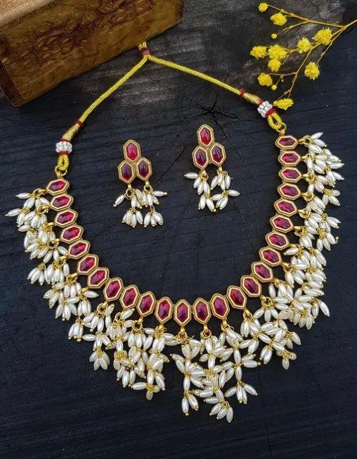 Red Colour Necklace With Rice Pearl