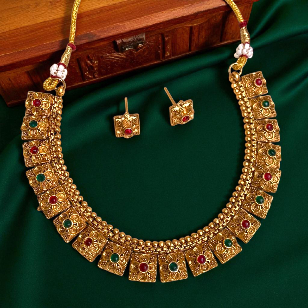 Regal Square Temple Necklace With Earrings (Multicolour)