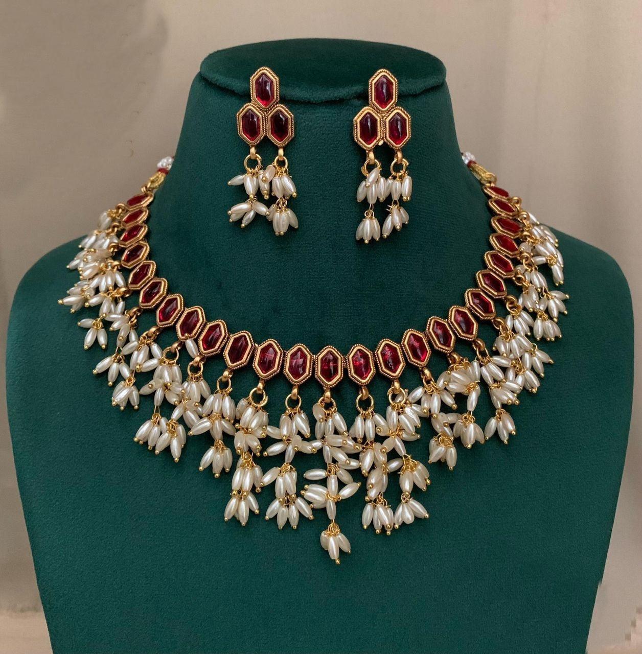 Red Colour Necklace With Rice Pearl