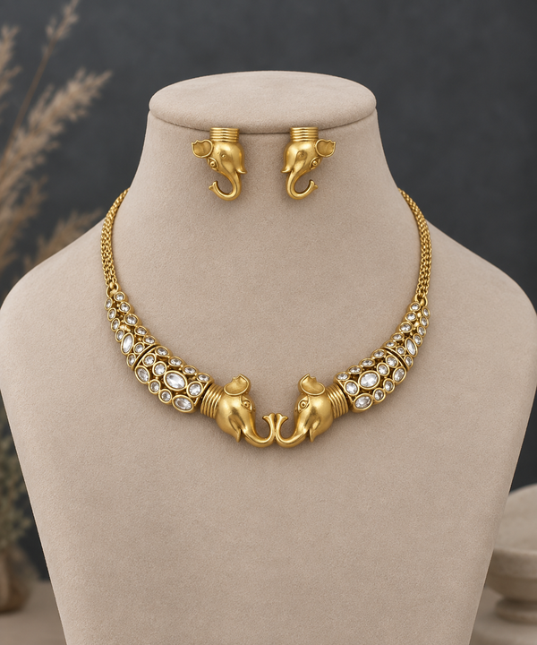 Antique Gold Elephant Kundan Necklace Set with Earrings