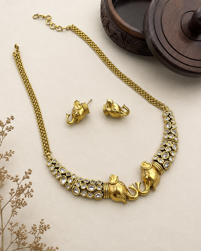 Antique Gold Elephant Kundan Necklace Set with Earrings