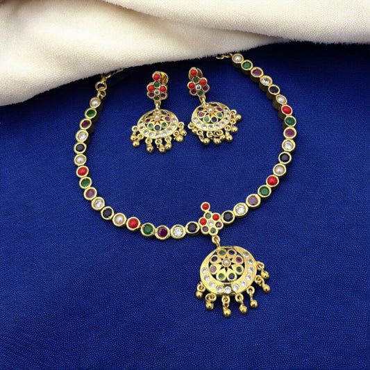 Micro Gold Plating Navaratna Attigai with Earrings