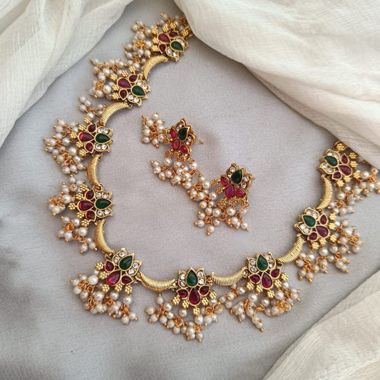 Kemp Lotus With Cluster Pearl Necklace With Earrings