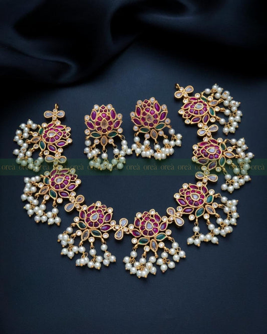 Premium Jadau Lotus Necklace With Pearls