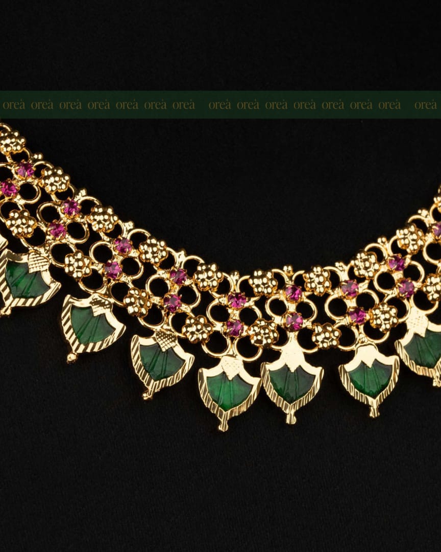 Traditional Kerala Palakka Choker with Pink AD Stone ,Gold Plated