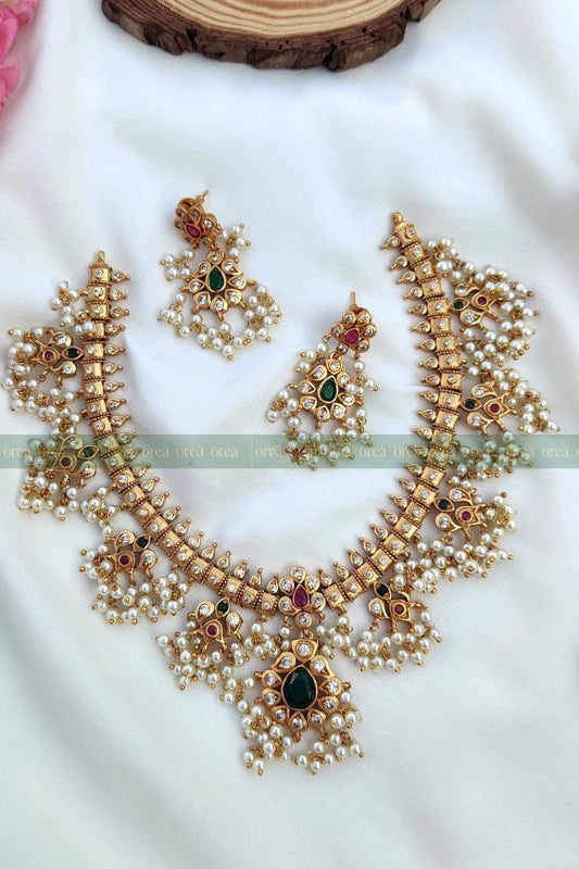 Green Stone Rice Pearl Guttapusalu Necklace With Earrings