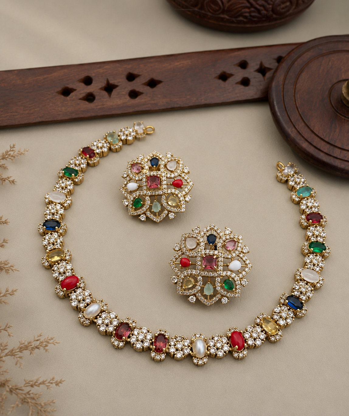 Multicolor Kundan Stone Necklace Set with Earrings for Weddings & Festive Wear