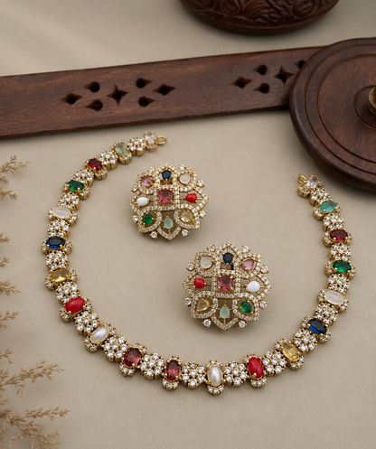 Multicolor Kundan Stone Necklace Set with Earrings for Weddings & Festive Wear