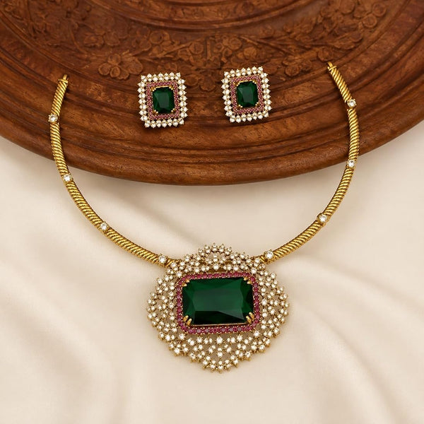 Antique Gold Green Stone Hasli Choker Necklace Set with Earrings