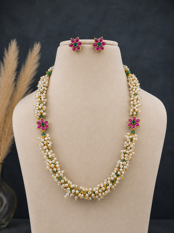 Floral Pearl Cluster Mid Haram with Green & Pink Stone Earrings