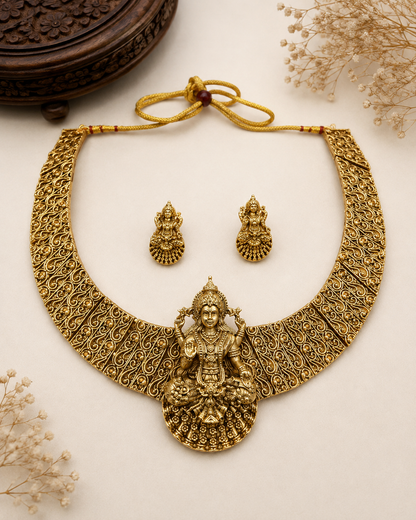 Antique Lakshmi Temple Necklace Set with Earrings