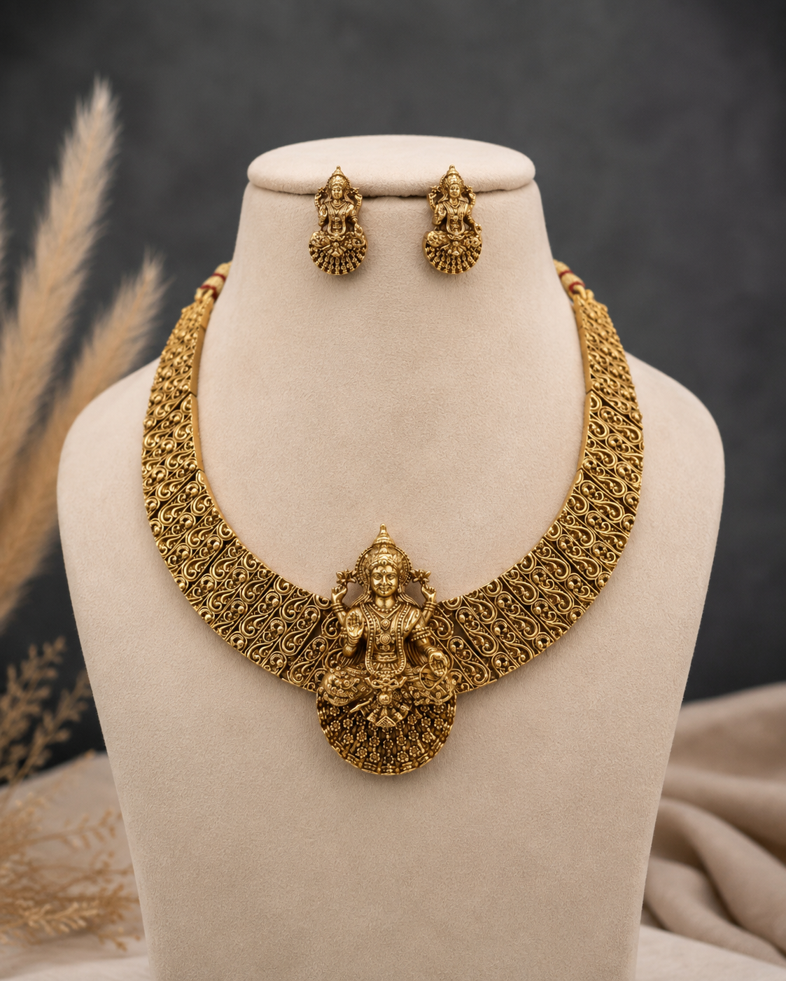 Antique Lakshmi Temple Necklace Set with Earrings
