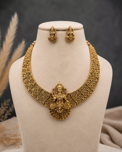 Antique Lakshmi Temple Necklace Set with Earrings