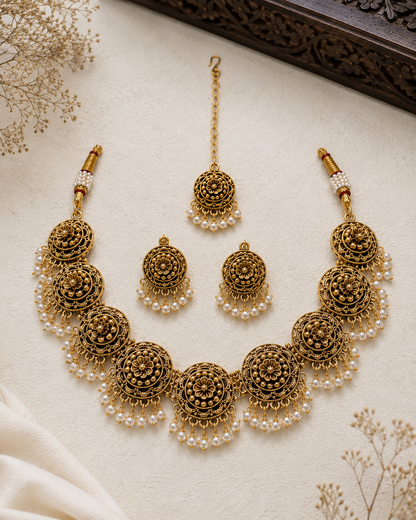 Antique Gold Floral Necklace Set with Gold Beads, Earrings & Maang Tikka