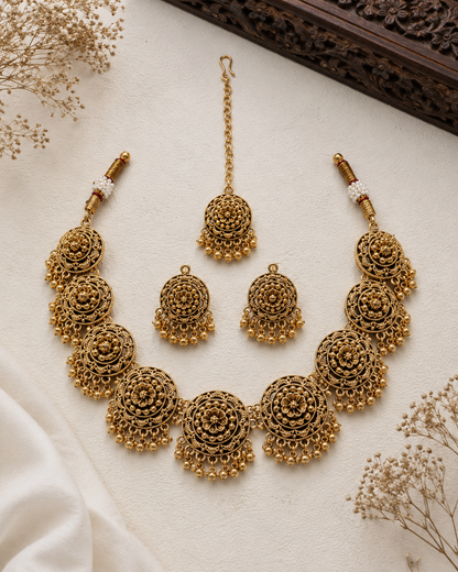 Antique Gold Floral Necklace Set with Gold Beads, Earrings & Maang Tikka