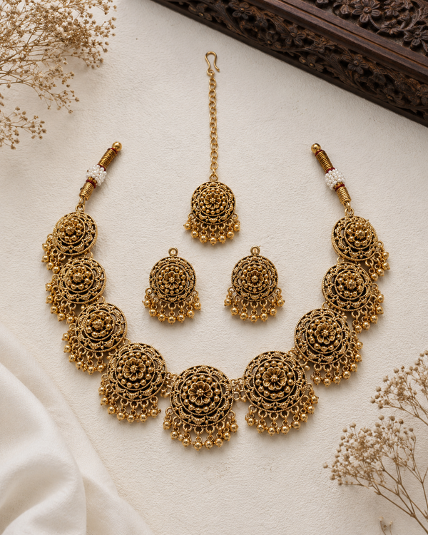 Antique Gold Floral Necklace Set with Gold Beads, Earrings & Maang Tikka