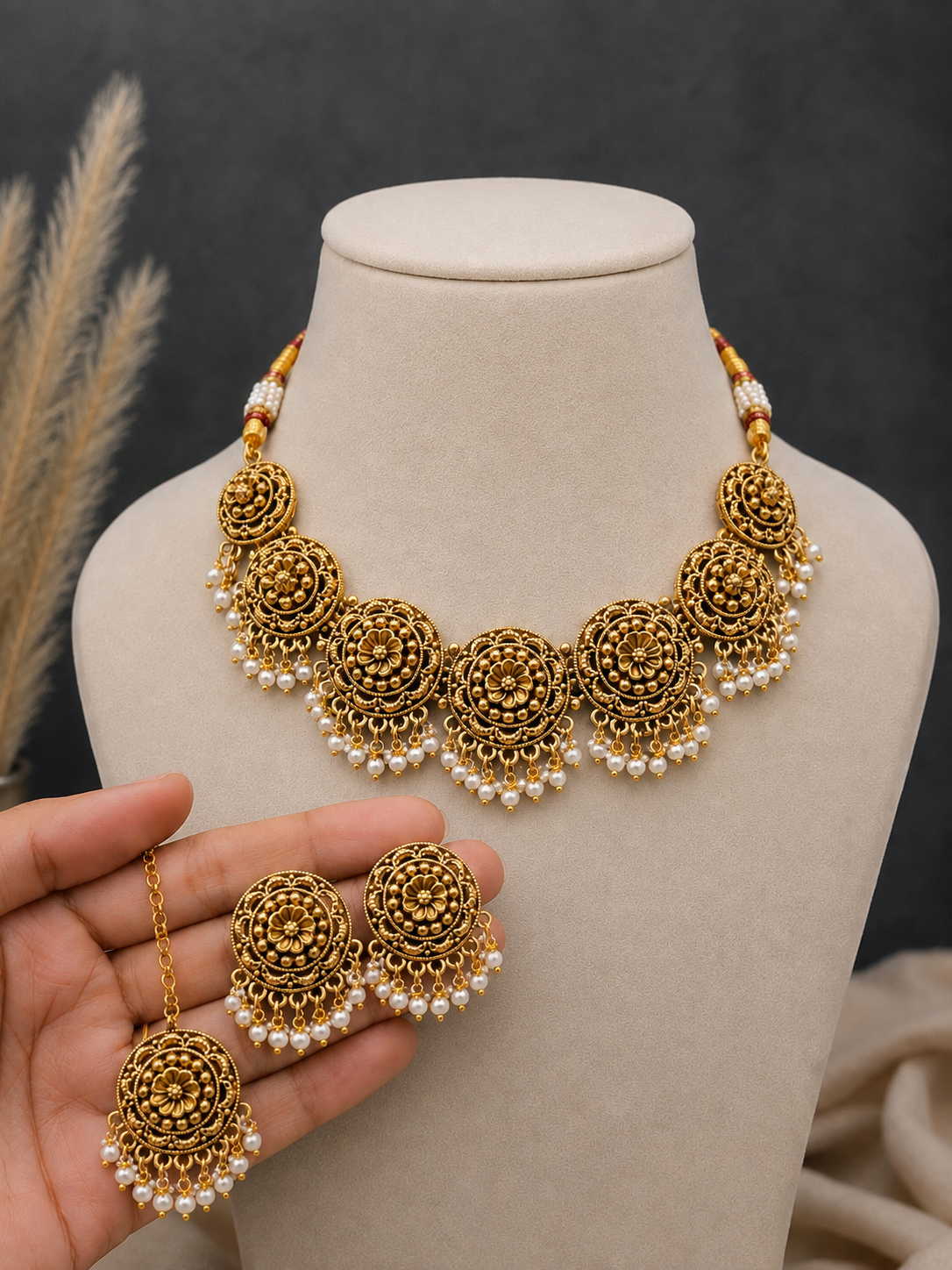 Antique Gold Floral Necklace Set with Gold Beads, Earrings & Maang Tikka