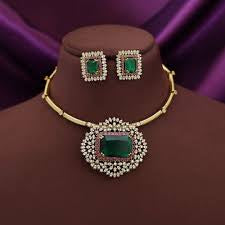 Antique Gold Green Stone Hasli Choker Necklace Set with Earrings