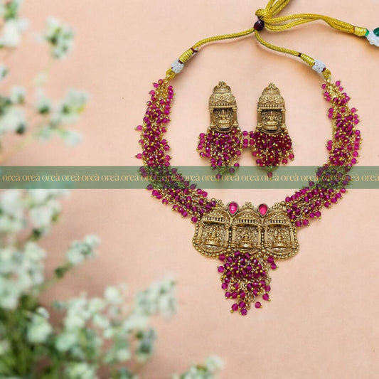 Golden Laxmi Rani Wine Beaded Necklace Set