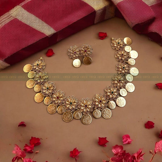 Golden Floral Coin Necklace with earring (Pre-Order)