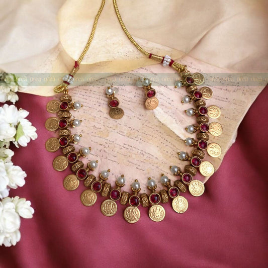 Coin With Pearl Choker With Earring (Red colour)(Pre-order)