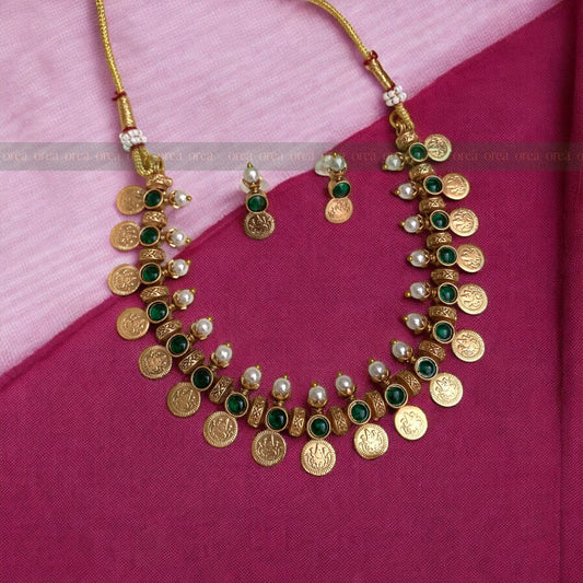 Coin With Pearl Choker With Earring (Green colour)(Pre-order)