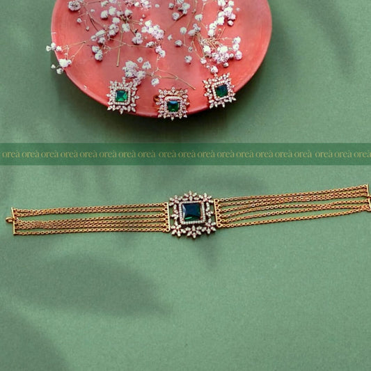 Emerald Stone AD Choker Set with Adjustable Finger Ring