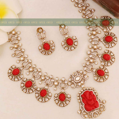 Antique Ganesha Pendant Necklace Set with Polki Stones