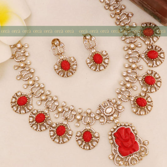 Antique Ganesha Pendant Necklace Set with Polki Stones