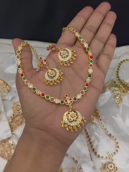 Micro Gold Plating Navaratna Attigai with Earrings