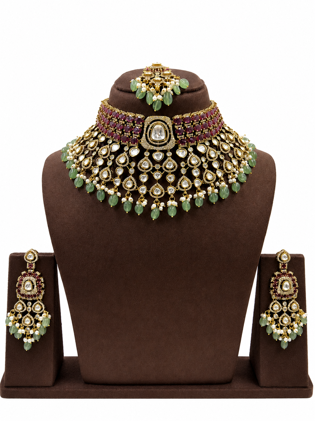 Bridal Royale Ruby Haute Mint Moissanite Necklace Set with Earrings & Maang Tikka | Luxury Polki Bridal Jewellery