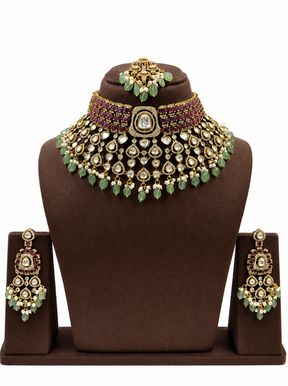 Bridal Royale Ruby Haute Mint Moissanite Necklace Set with Earrings & Maang Tikka | Luxury Polki Bridal Jewellery