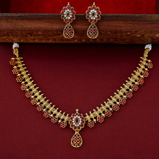 Adyashree Floral Red Kemp Short Neckpiece With Earring