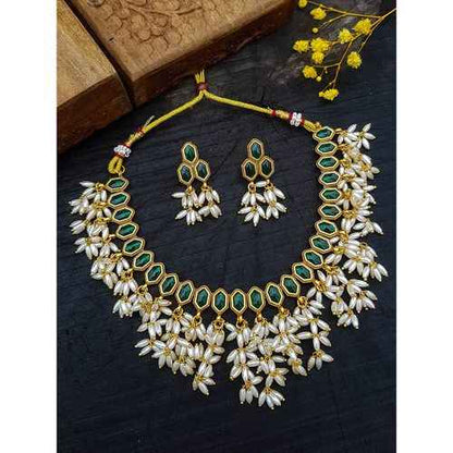 Green Colour Necklace With Rice Pearl