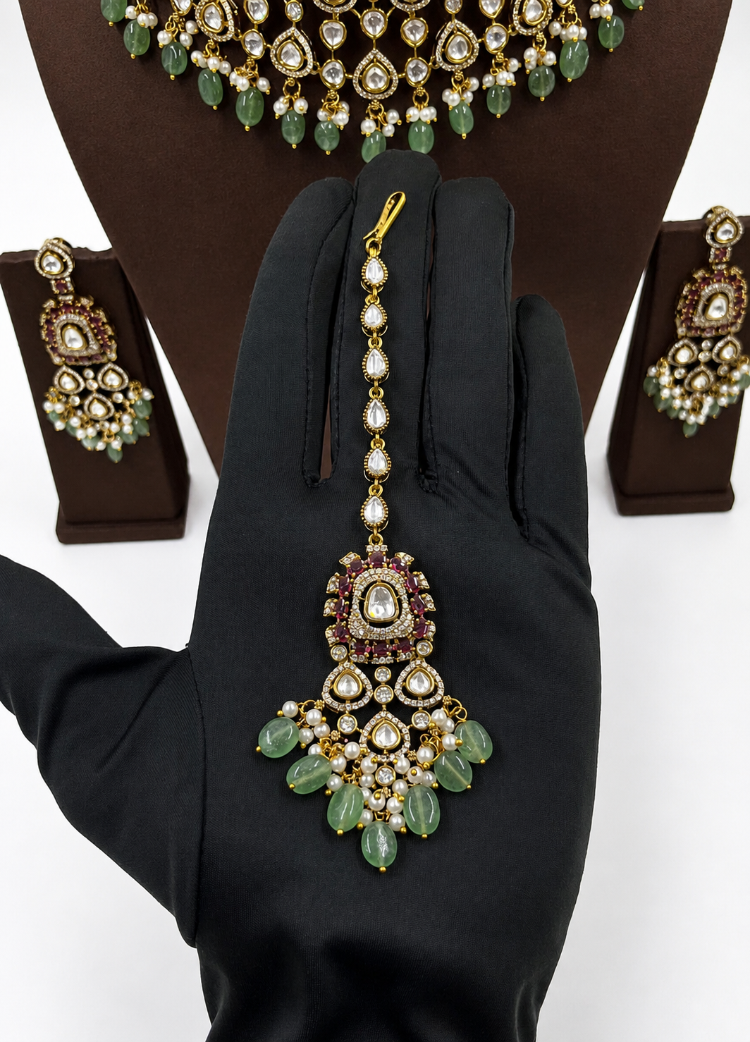 Bridal Royale Ruby Haute Mint Moissanite Necklace Set with Earrings & Maang Tikka | Luxury Polki Bridal Jewellery