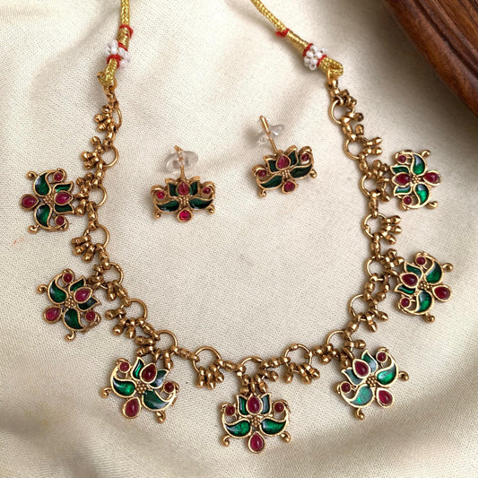 Premium Lotus Necklace With Earrings (Green & Red)